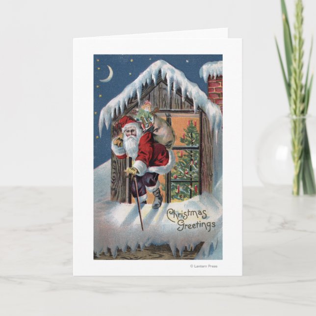 Cartes Pour Fêtes Annuelles Noël GreetingSanta montant la fenêtre (Devant)
