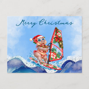 Cartes Pour Fêtes Annuelles Noël Hippo Planche à Voile Fête Tropicale de Plage