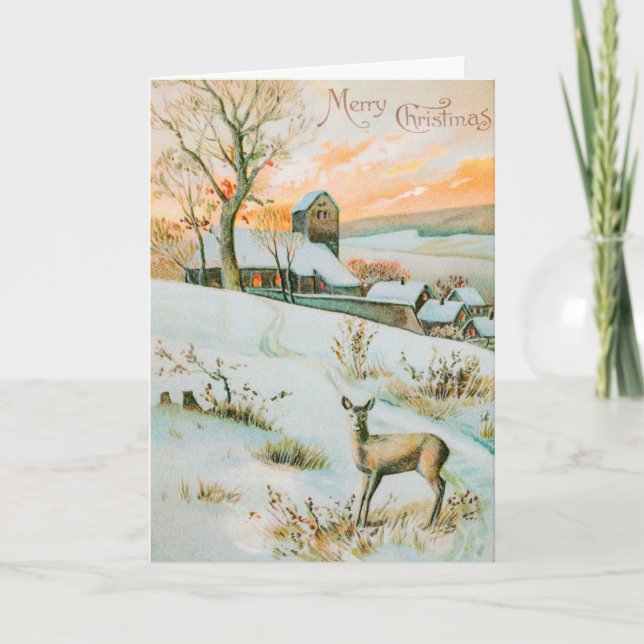 Cartes Pour Fêtes Annuelles Noël Hiver Paysage de neige et Vacances de cerfs (Devant)