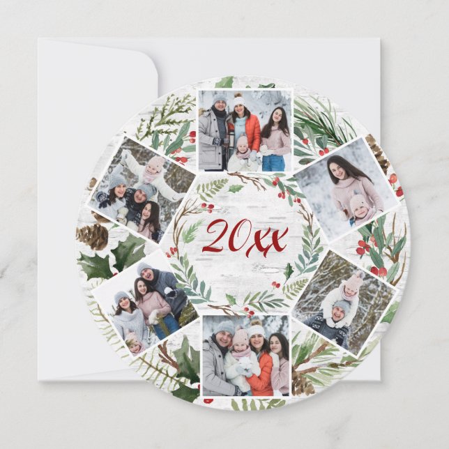 Cartes Pour Fêtes Annuelles Noël Holly Berry Birch Bark 6 PHOTO Salutation (Devant)