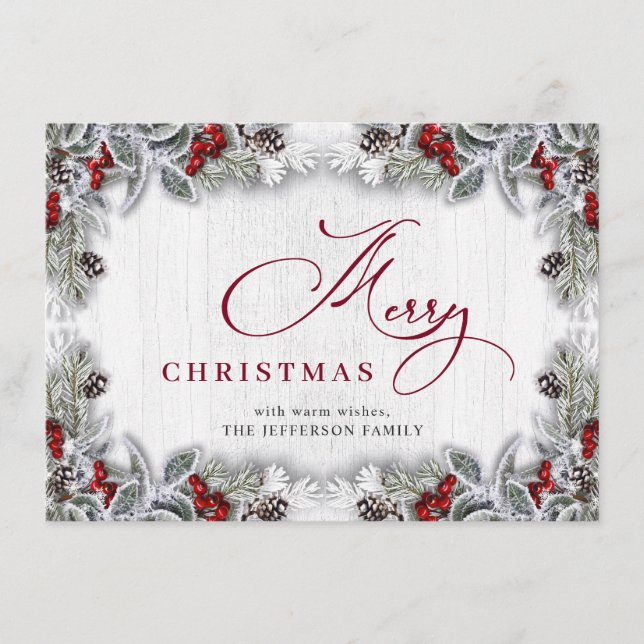 Cartes Pour Fêtes Annuelles Noël Holly Berry Pine Rustic Wood Salutation (Devant)