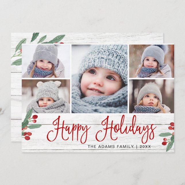 Cartes Pour Fêtes Annuelles Noël Holly Berry Rustic 5 PHOTO Salutation (Devant / Derrière)