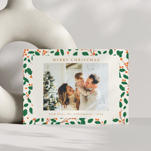 Cartes Pour Fêtes Annuelles Noël Holly Botanical Greenery Deux Photo Retro (Créateur téléchargé)