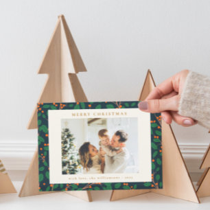 Cartes Pour Fêtes Annuelles Noël Holly Botanique Verdure Deux Photo Navy