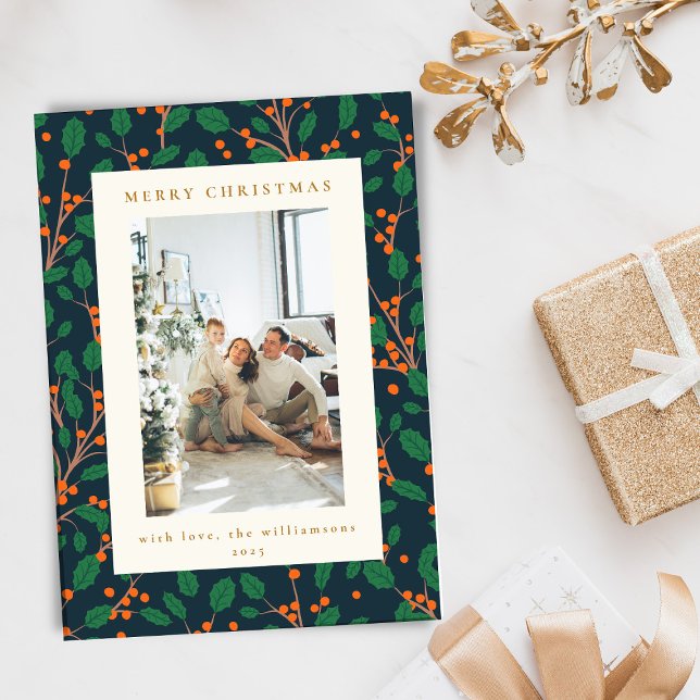 Cartes Pour Fêtes Annuelles Noël Holly Greenery Deux Photos Verticales Marine (Créateur téléchargé)