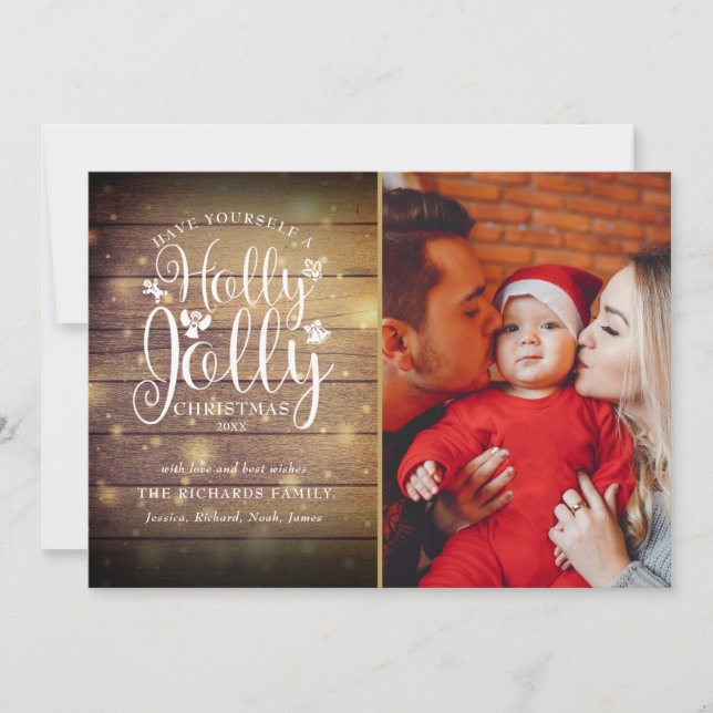 Cartes Pour Fêtes Annuelles Noël Holly Jolly Script Rustique Photo Bois (Devant)