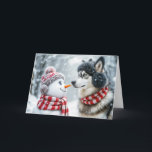 Cartes Pour Fêtes Annuelles Noël Husky Chien et Snowman Amis<br><div class="desc">Un chien coquin et un bonhomme de neige se font face,  entourés d'un paysage enneigé</div>