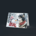 Cartes Pour Fêtes Annuelles Noël Husky Chien et Snowman Amis<br><div class="desc">Un chien coquin et un bonhomme de neige se font face,  entourés d'un paysage enneigé</div>