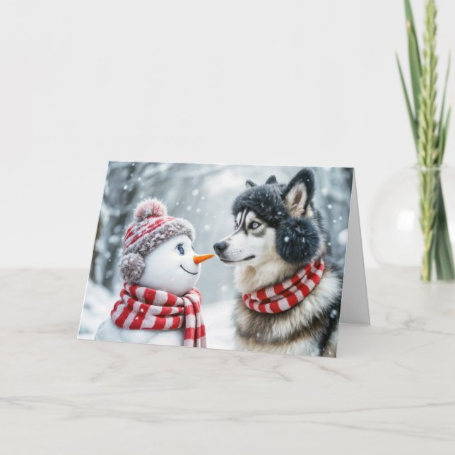 Cartes Pour Fêtes Annuelles Noël Husky Chien et Snowman Amis (Devant)