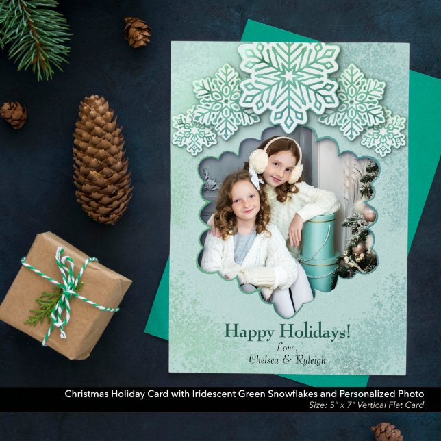 Cartes Pour Fêtes Annuelles Noël Iridescente Green Snowflon Photo Holiday (Christmas Holiday Card with Iridescent Winter Green Snowflakes & Personalized Photo-5"x7" Flat Card)