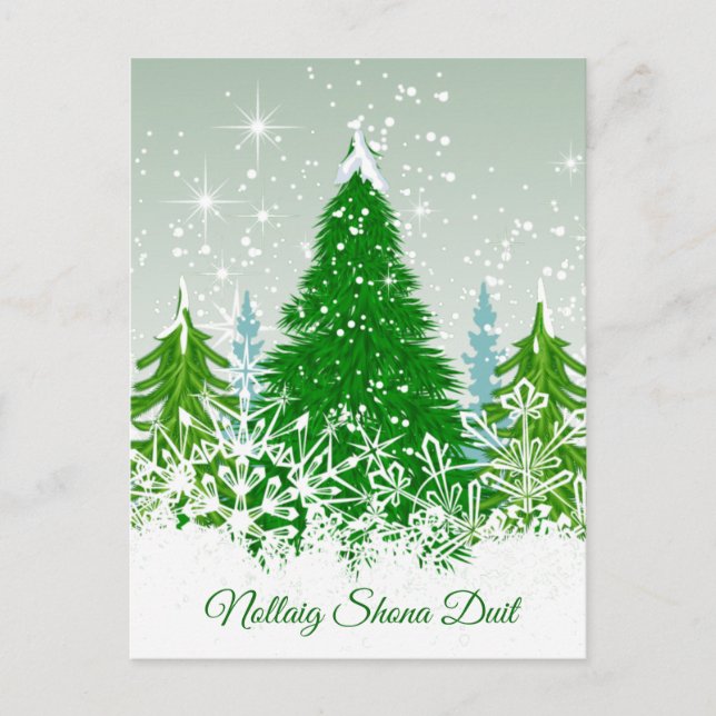 Cartes Pour Fêtes Annuelles Noël irlandais, sapins verts enneigés (Devant)