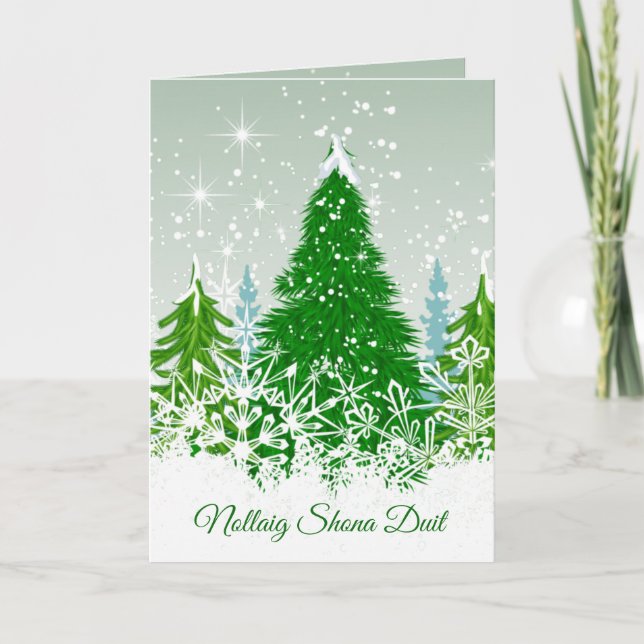 Cartes Pour Fêtes Annuelles Noël irlandais, sapins verts enneigés (Devant)