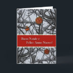 Cartes Pour Fêtes Annuelles Noël italien, ornements en neige<br><div class="desc">Des ornements de Noël nichés dans des branches enneigées décorent cette carte de Noël italienne. Copyright © Shoaff Ballanger Studios.</div>