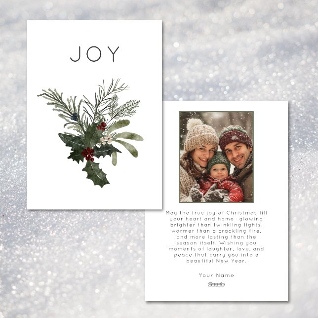 Cartes Pour Fêtes Annuelles Noël Joy Rustic Minimal Photo Verdure (Christmas Joy Rustic Minimal Photo Greenery Holiday Card)