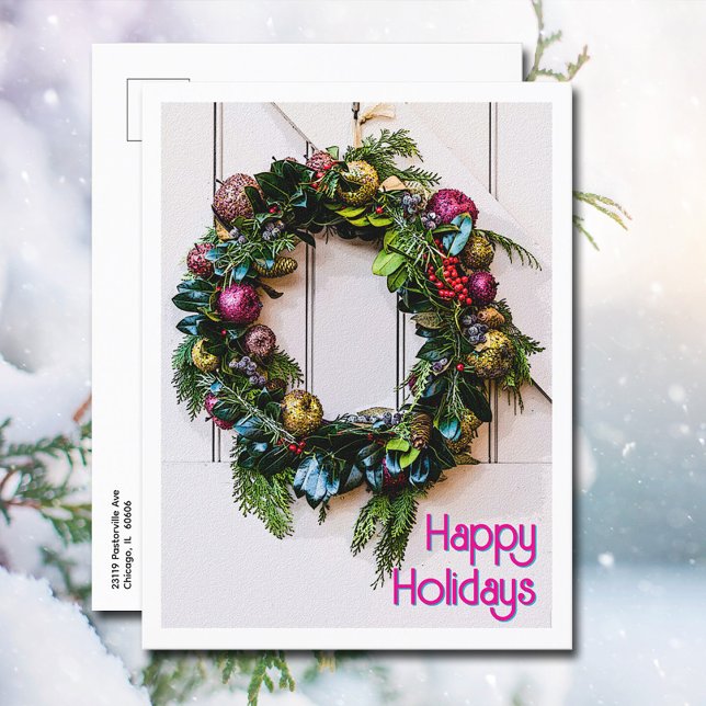 Cartes Pour Fêtes Annuelles Noël Joyeuses Farmhouse Moderne Wreath \ (Happy Holidays Farmhouse Wreath on a Christmas postcard will make you mailing chore simple this year)