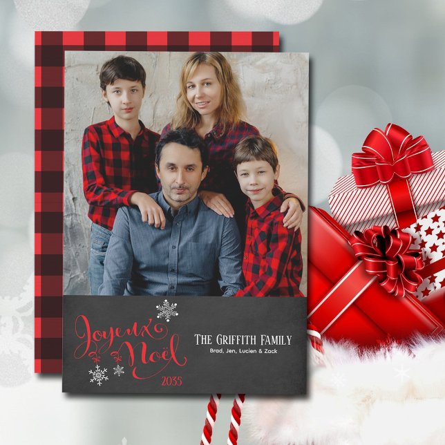 Cartes Pour Fêtes Annuelles Noël Joyeux Noel Flammes de neige Buffalo Plaid (Joyeux Noel one-photo Christmas card with buffalo plaid back.)
