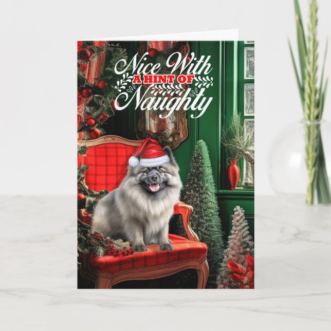 Cartes Pour Fêtes Annuelles Noël Keeshond Chien Naughty ou Nice (Devant)