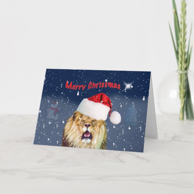 Cartes Pour Fêtes Annuelles Noël, lion dans le casquette de Père Noël, étoile, (Devant)