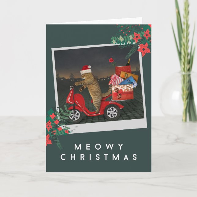 Cartes Pour Fêtes Annuelles Noël Meowy - Père Noël Chat Sur Scooter Avec Cadea (Devant)