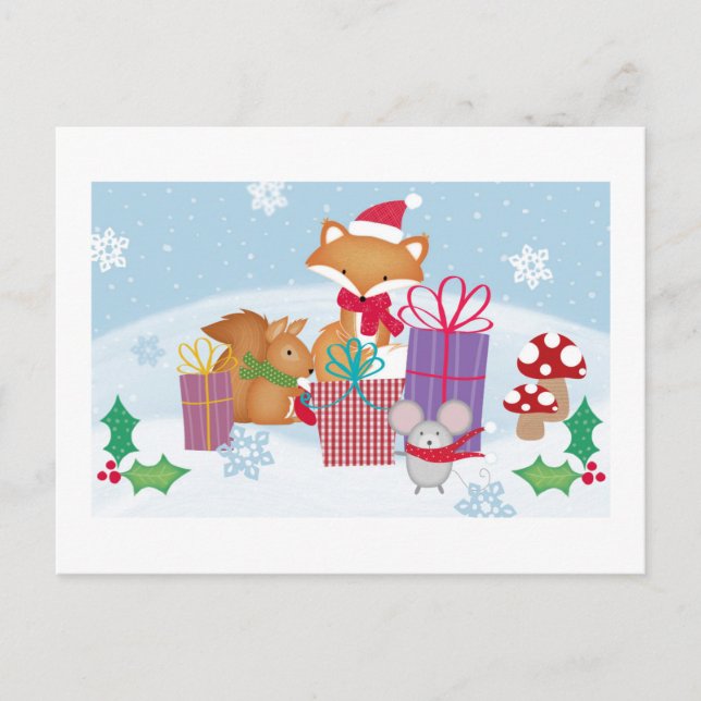 Cartes Pour Fêtes Annuelles Noël mignon hiver Bois Animaux Art (Devant)