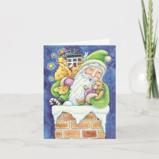 Cartes Pour Fêtes Annuelles Noël mignon, Père Noël à Chimney avec jouets (Devant)