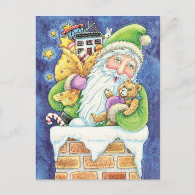 Cartes Pour Fêtes Annuelles Noël mignon, Père Noël à Chimney avec jouets (Devant)