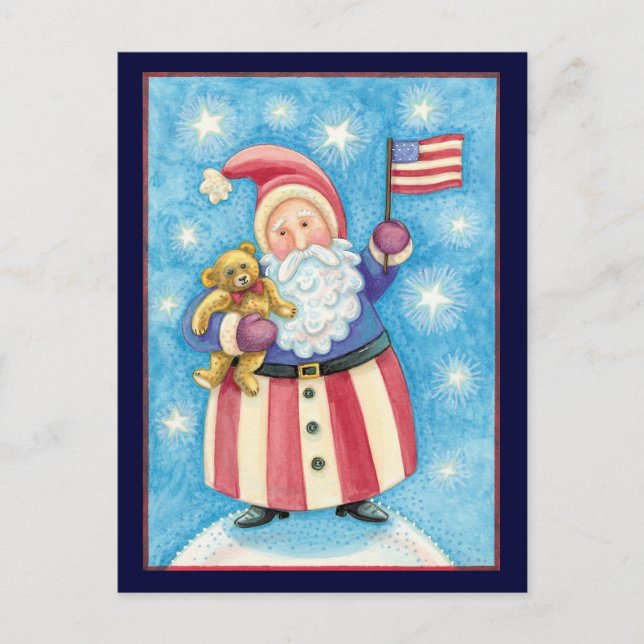 Cartes Pour Fêtes Annuelles Noël mignon, Père Noël patriotique avec drapeau (Devant)