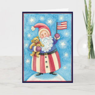 Cartes Pour Fêtes Annuelles Noël mignon, Père Noël patriotique avec drapeau