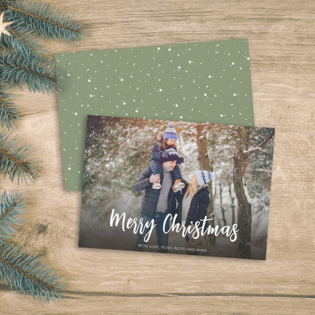 Cartes Pour Fêtes Annuelles Noël Minimal Green Dot Simple Festive 1 Photo (Minimalist green Christmas photo card with soft snowfall dots and modern Merry Christmas script.)