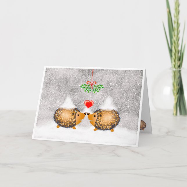 Cartes Pour Fêtes Annuelles Noël Misletoe Aimer de mignons Hegdehogs dans la n (Devant)