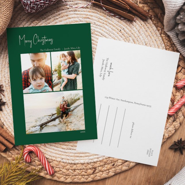 Cartes Pour Fêtes Annuelles Noël moderne | 3 photo verticale verte (Créateur téléchargé)