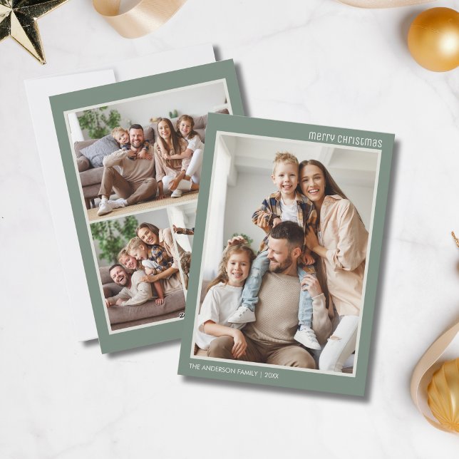 Cartes Pour Fêtes Annuelles Noël Moderne 4 Famille Photo Collage Sage Green (Christmas Modern 4 Family Photo Collage Sage Green Holiday Card)