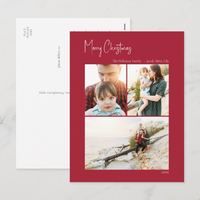 Cartes Pour Fêtes Annuelles Noël moderne | Red Vertical 3 Photo (Devant / Derrière)