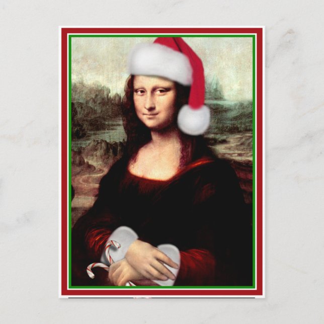 Cartes Pour Fêtes Annuelles Noël Mona Lisa avec chapeau de Santa (Devant)