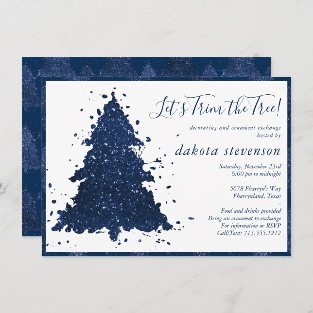 Cartes Pour Fêtes Annuelles Noël Moody | Classy Navy Blue Tree Trim Party (Devant / Derrière)