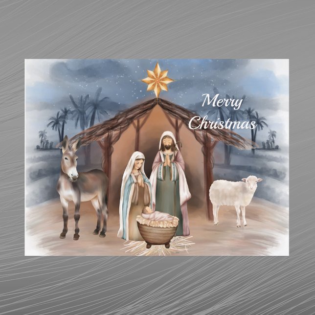 Cartes Pour Fêtes Annuelles Noël Nativité Animaux Chrétien Aquarelle (Créateur téléchargé)