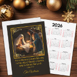 Cartes Pour Fêtes Annuelles Noël Nativité Saint-Famille Calendrier<br><div class="desc">Célébrez le vrai sens de Noël avec notre belle carte/calendrier de Noël de la crèche. Le recto de la carte présente le verset de la Bible Luc 2:11 éternel et émouvant, qui nous rappelle la naissance miraculeuse de Jésus. Au verso, vous trouverez un calendrier pratique que votre bénéficiaire peut profiter...</div>