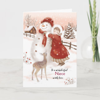 Cartes Pour Fêtes Annuelles Noël, nièce, cerf, fille et bonhomme de neige