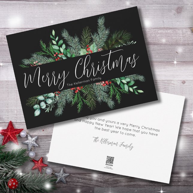 Cartes Pour Fêtes Annuelles Noël noir verdoyant (Greenery Red Green Black Merry Christmas Holiday Card)