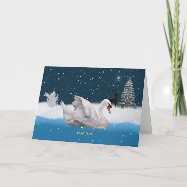 Cartes Pour Fêtes Annuelles Noël, Norvégien, Nuit Neige avec Cygne (Devant)