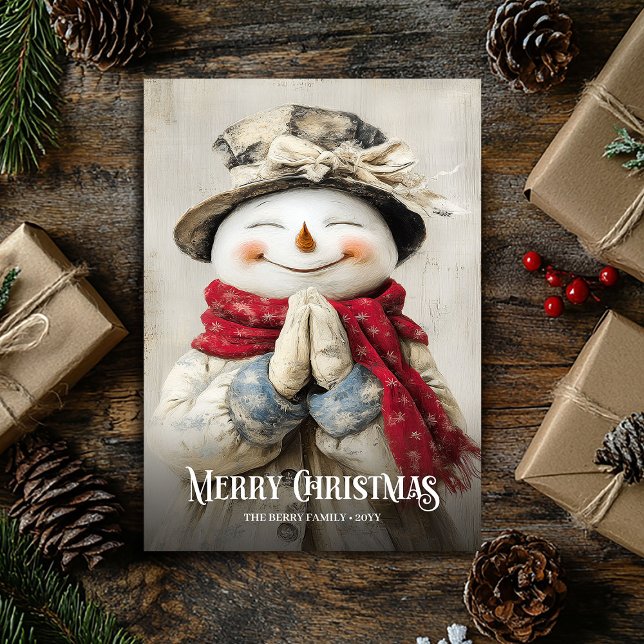 Cartes Pour Fêtes Annuelles Noël nostalgique à l'aquarelle rouge et blanc bonh (Nostalgic Watercolor Red White Christmas Snowman Holiday Card)