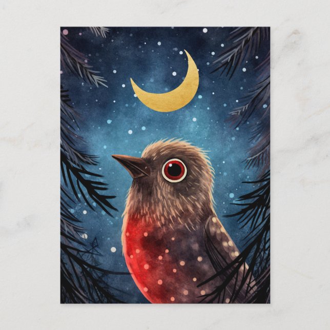 Cartes Pour Fêtes Annuelles Noël Oiseau neige Lune de nuit Message (Devant)
