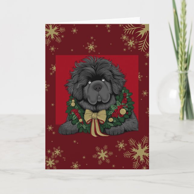 Cartes Pour Fêtes Annuelles Noël Or Rouge Chien Terre-Neuve chiot neige (Devant)