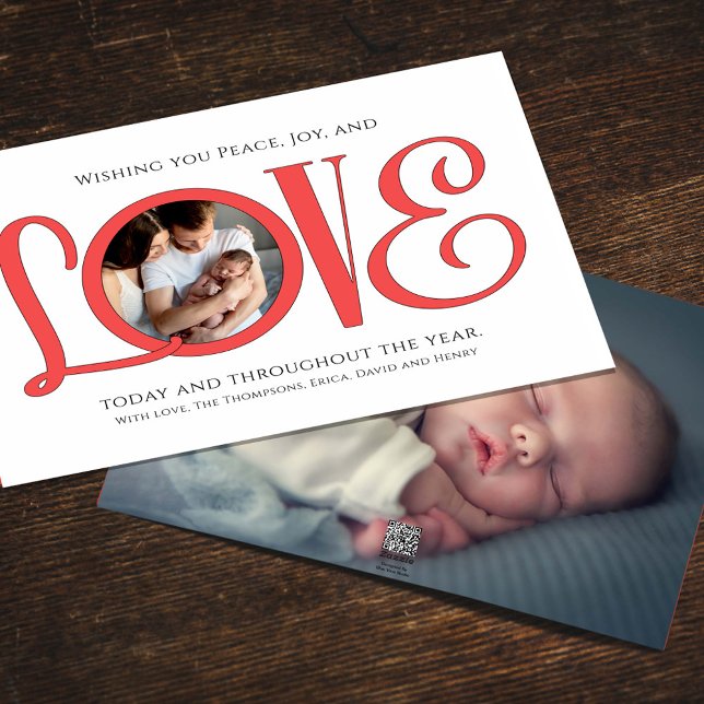 Cartes Pour Fêtes Annuelles Noël Paix Joie et Amour Cute Modern 2 Photo (Christmas holiday "Love" typography greeting card with photo template. )