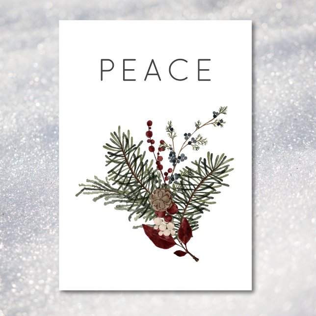 Cartes Pour Fêtes Annuelles Noël Paix Rustique Minimal Végétation Saine (Christmas Peace Rustic Minimal Holly Greenery Holiday Card)