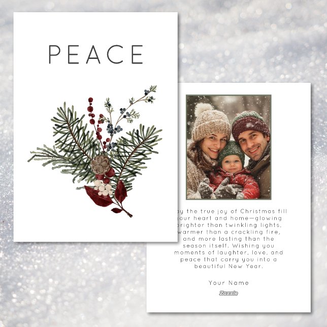 Cartes Pour Fêtes Annuelles Noël Paix Rustique Minimale Photo Holly (Christmas Peace Rustic Minimal Holly Photo Holiday Card)