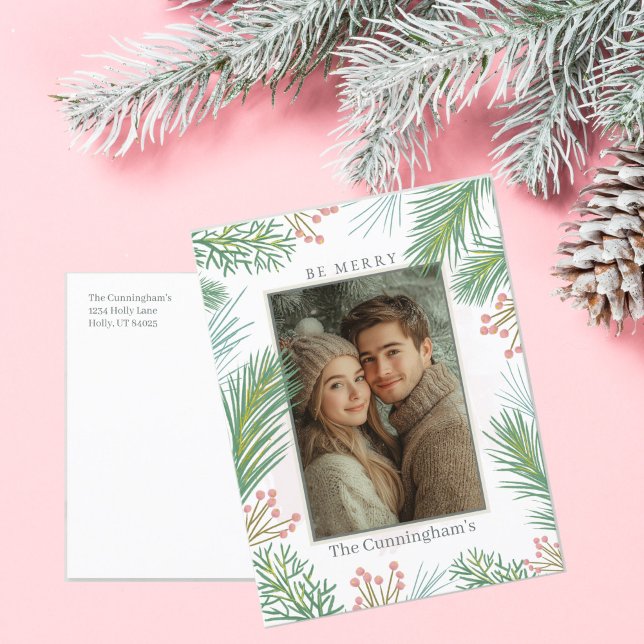 Cartes Pour Fêtes Annuelles Noël Pastel Rose et Green Holly (Pink Christmas Photo Postcard)