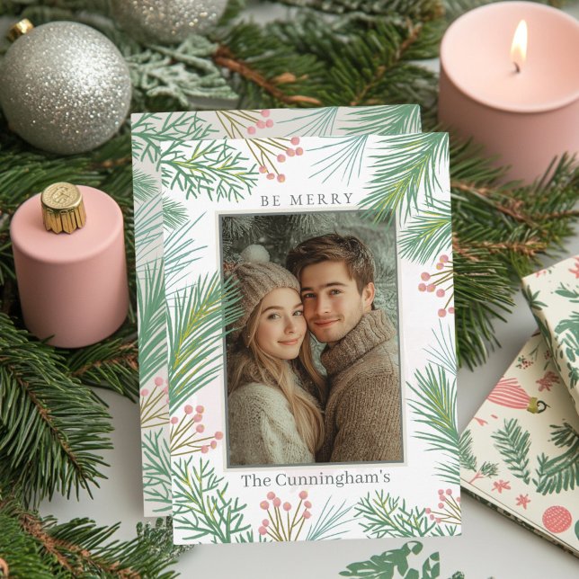 Cartes Pour Fêtes Annuelles Noël Pastel Rose et Green Holly (Pink and green holiday card)