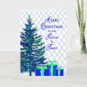 Cartes Pour Fêtes Annuelles Noël, pasteur et famille, bleu/arbre, chrétien