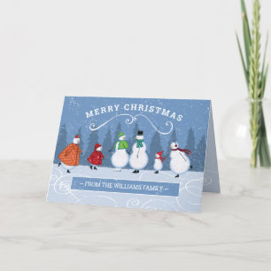 Cartes Pour Fêtes Annuelles Noël Patinage d'hiver Snowman Nom de famille